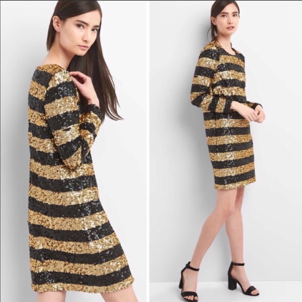 GAP Sequin Long Sleeve Shift Dress Gold Black